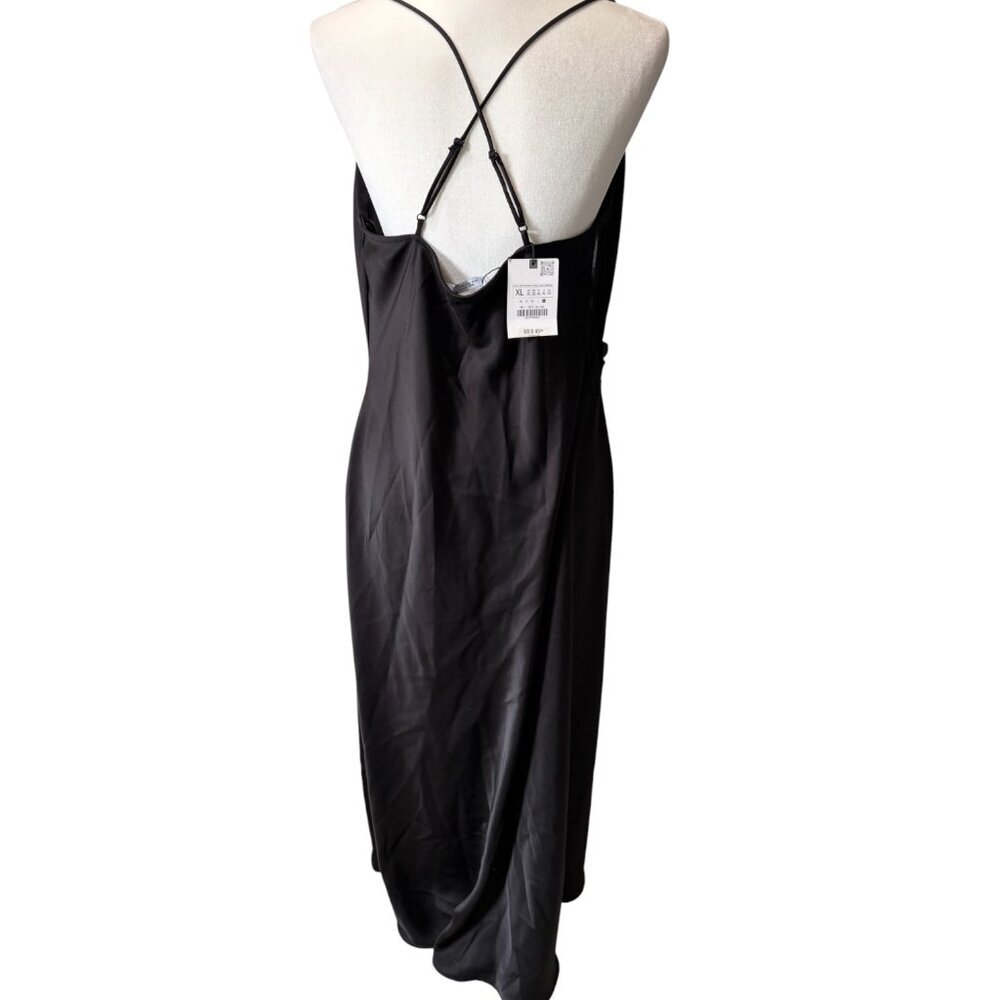NWT Zara Black Satin Effect Draped Midi Dress XL - Picture 3 of 5